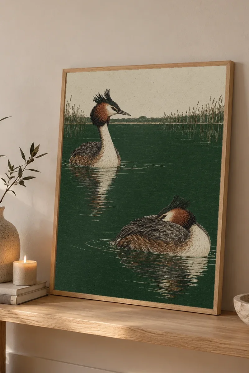 "Great Crested Grebe Pair" Premium Wooden Framed Poster - the graphic up close