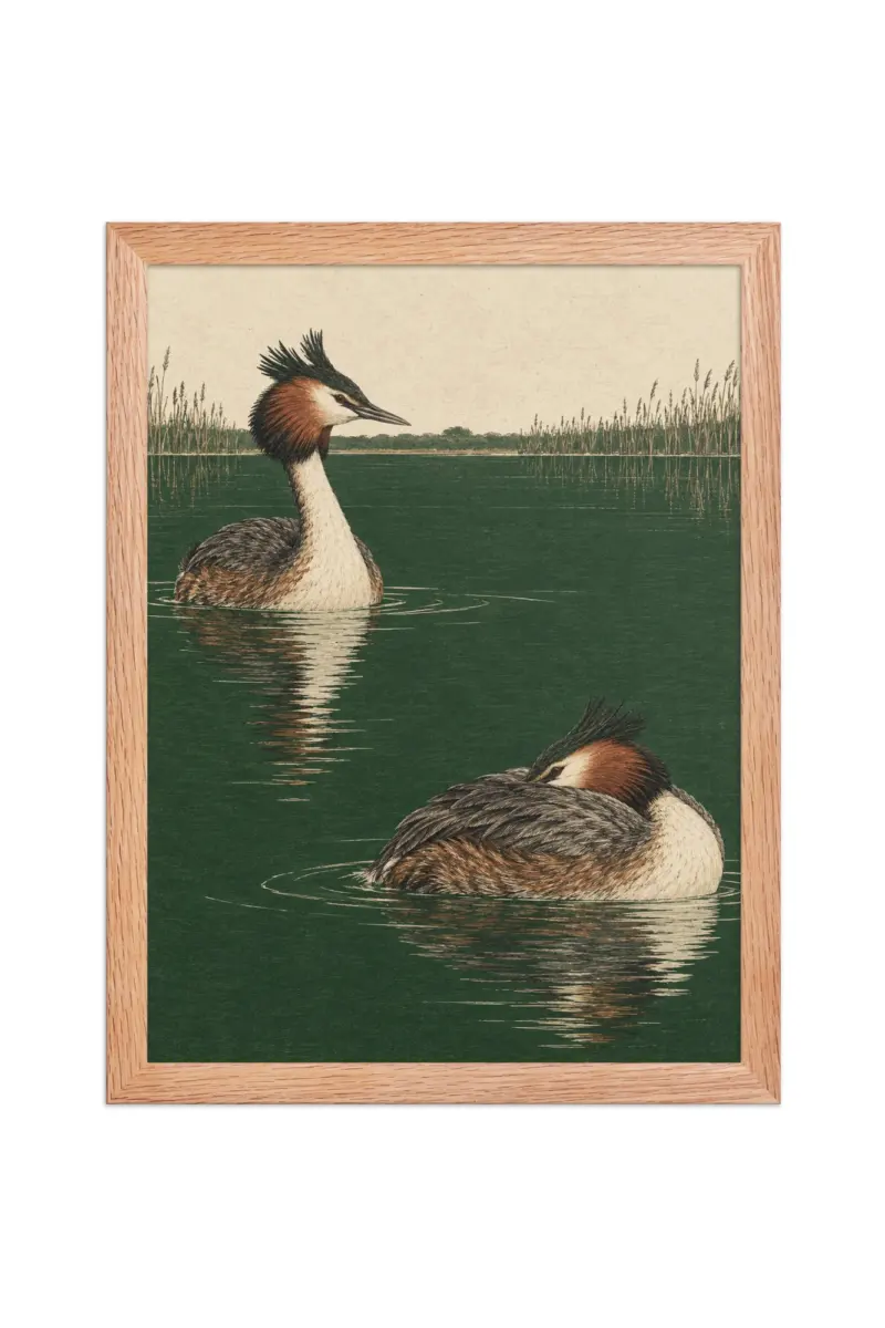 "Great Crested Grebe Pair" Premium Wooden Framed Poster