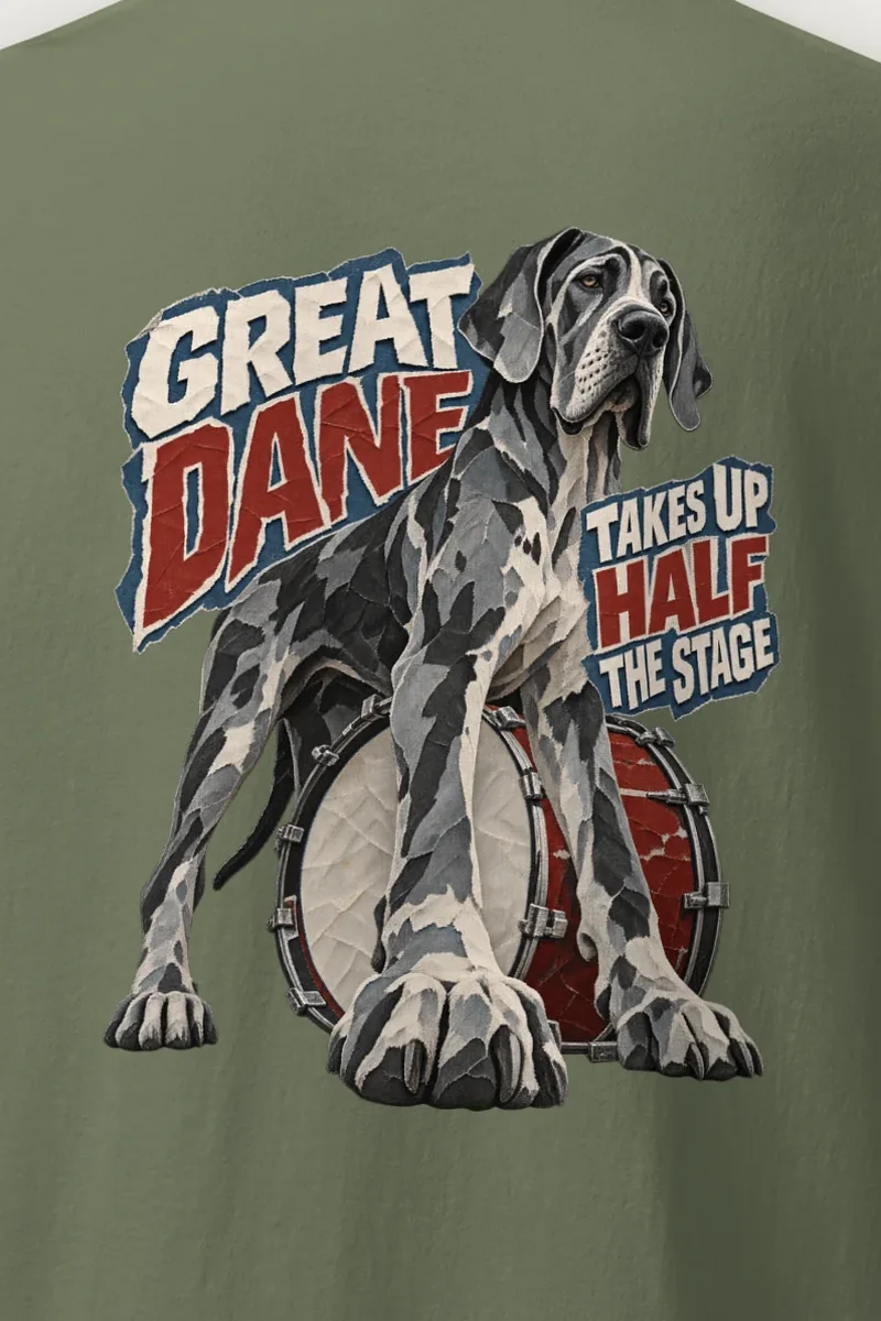 "Great Dane Takes Up Half the Stage" Heavyweight Unisex Crewneck T-shirt - the graphic up close