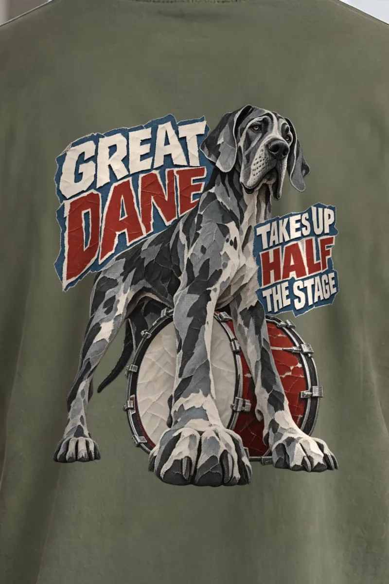 "Great Dane Takes Up Half the Stage" Heavyweight Unisex Crewneck T-shirt - the graphic up close