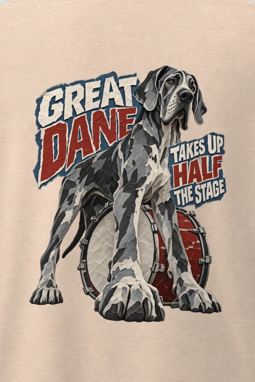 "Great Dane Takes Up Half the Stage" Men’s Oversized Heavyweight Crewneck T-Shirt - the graphic up close