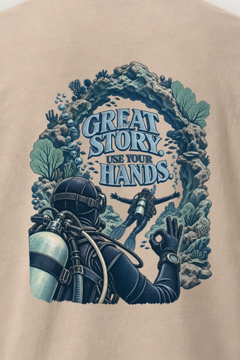 "Great Story. Use Your Hands." Heavyweight Unisex Crewneck T-shirt - the graphic up close