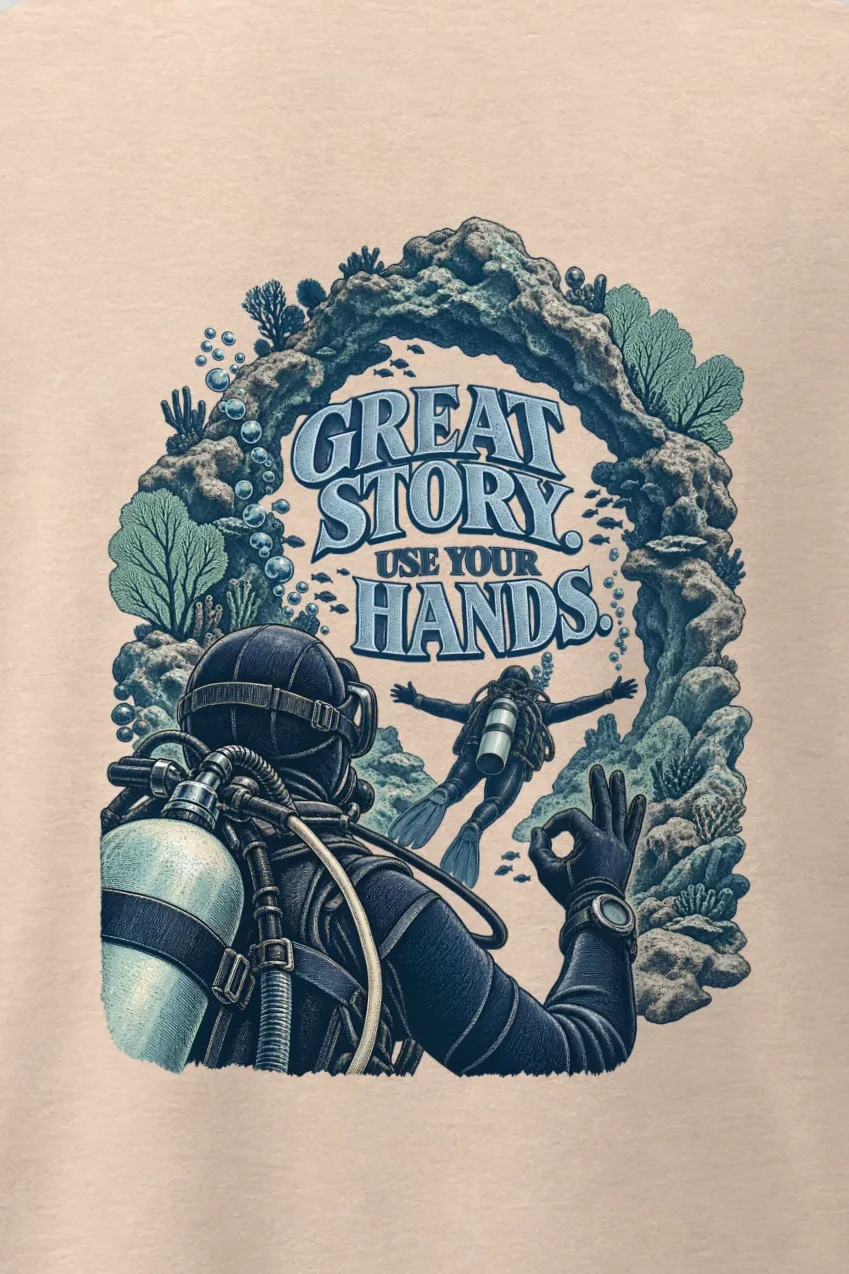 "Great Story. Use Your Hands." Men’s Oversized Heavyweight Crewneck T-Shirt - the graphic up close