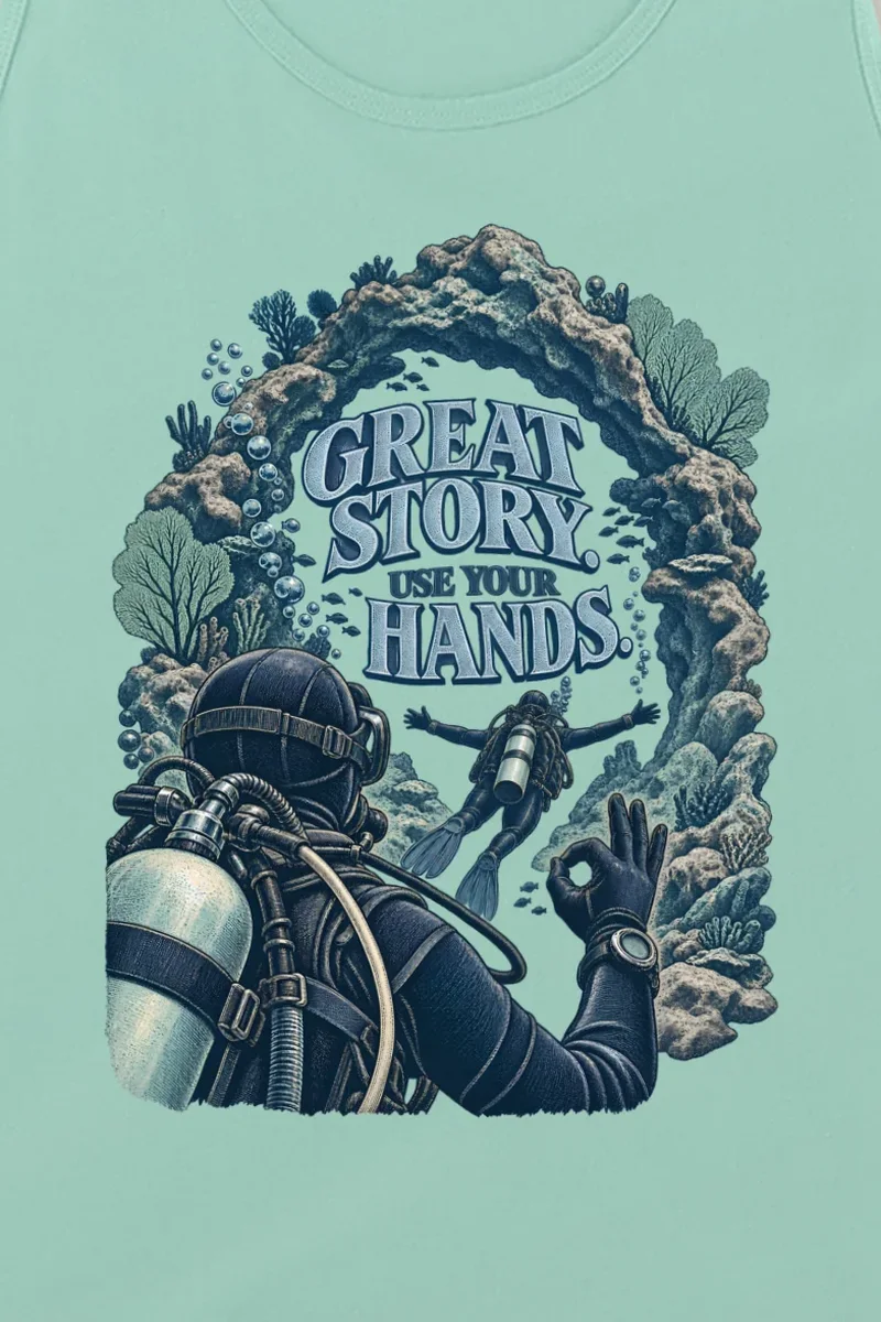 "Great Story. Use Your Hands." Unisex Jersey Tank - the graphic up close