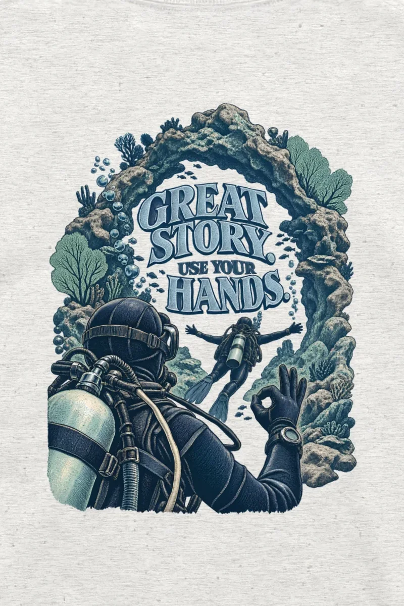 "Great Story. Use Your Hands." Unisex Longsleeve T-shirt - the graphic up close