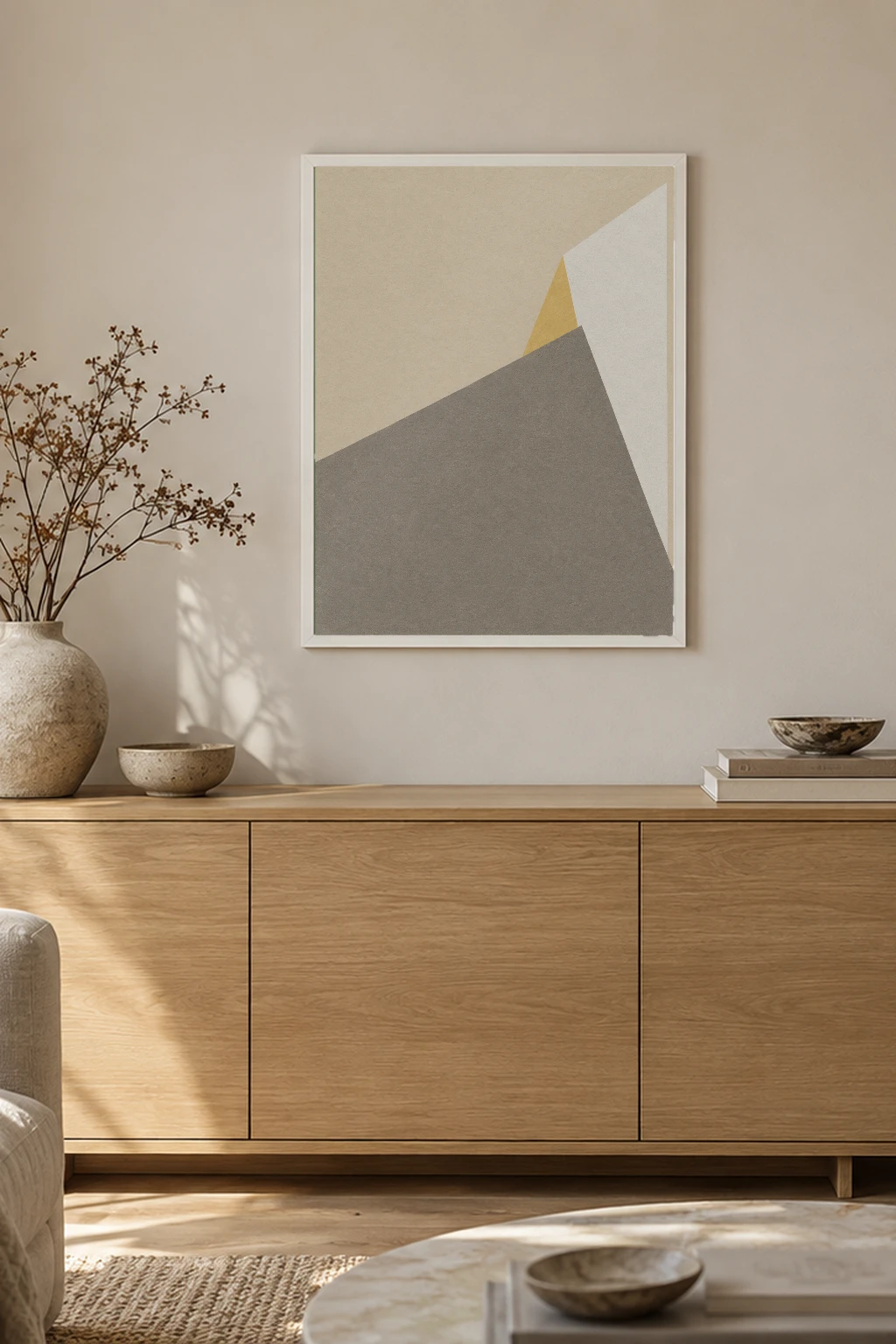 "Grey and Mustard Abstract Fold" Premium Wooden Framed Poster