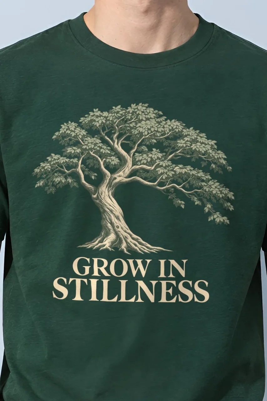 "Grow In Stillness" Heavyweight Unisex Crewneck T-shirt - the graphic up close