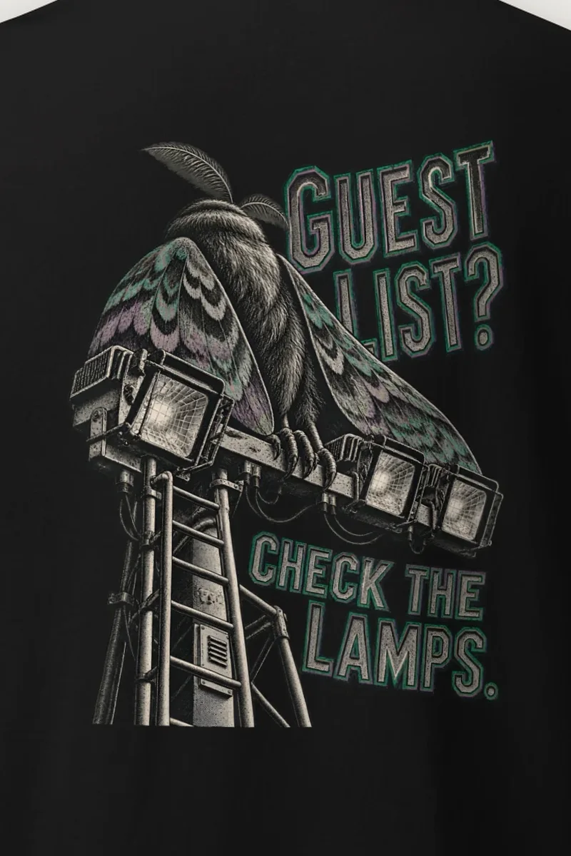 "Guest List? Check the Lamps" Heavyweight Unisex Crewneck T-shirt - the graphic up close