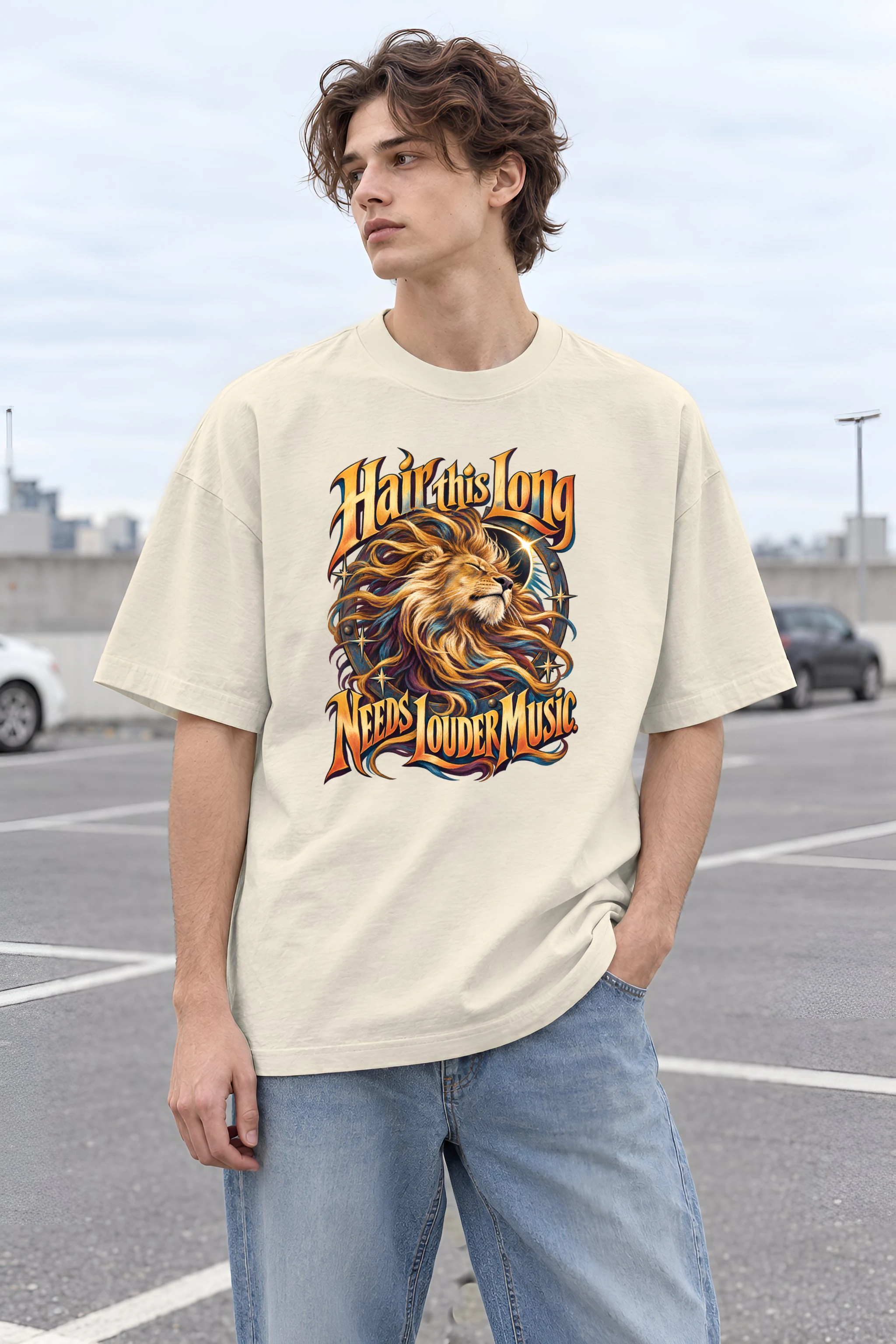"Hair This Long Lion" Unisex Oversized Heavyweight Crewneck T-Shirt
