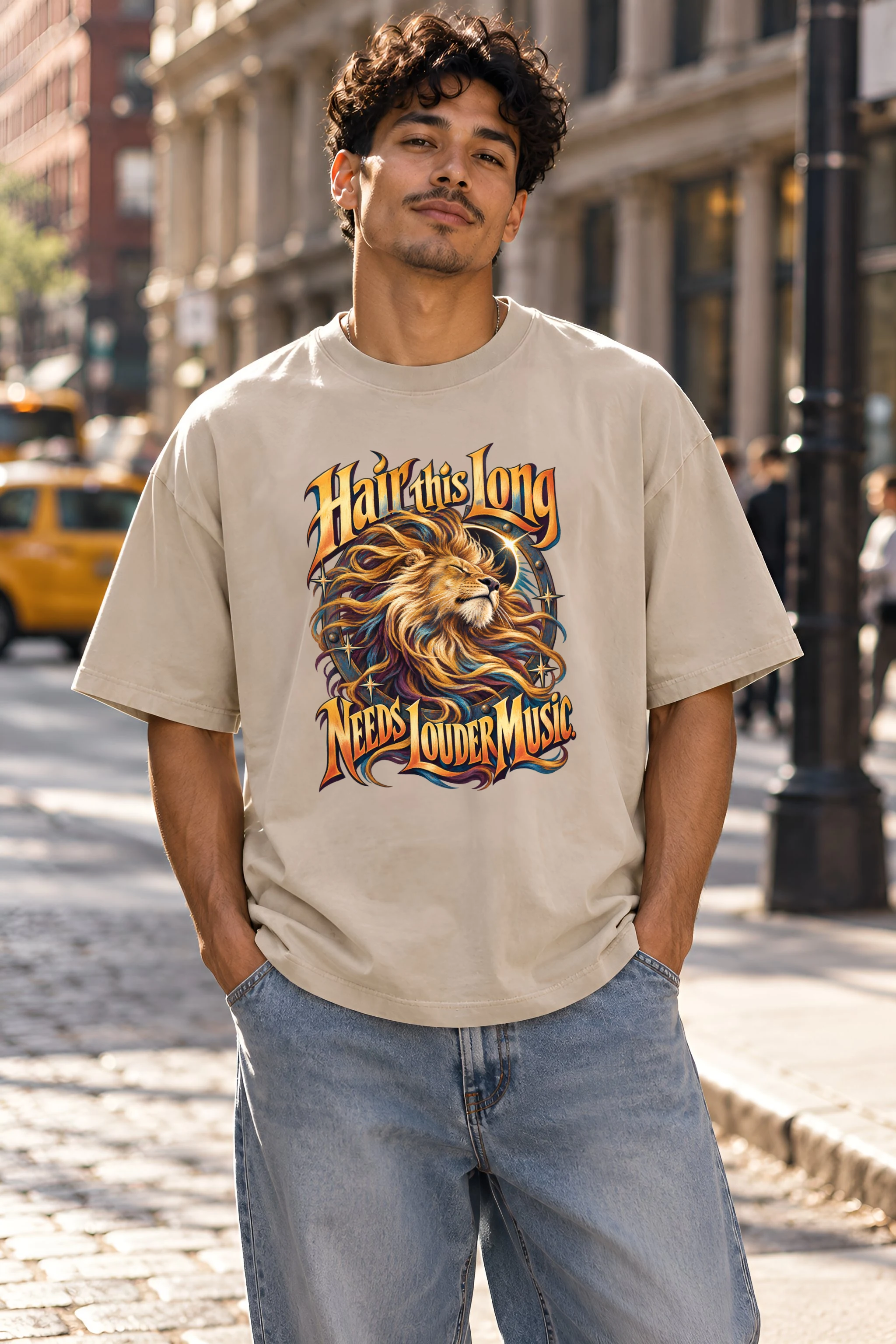 "Hair This Long Lion" Unisex Oversized Heavyweight Crewneck T-Shirt