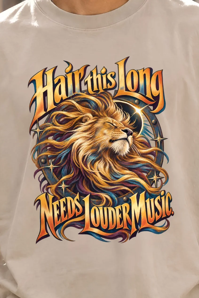 "Hair This Long Lion" Unisex Oversized Heavyweight Crewneck T-Shirt - the graphic up close