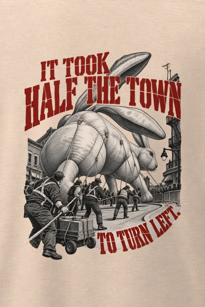"Half the Town to Turn Left" Men’s Oversized Heavyweight Crewneck T-Shirt - the graphic up close