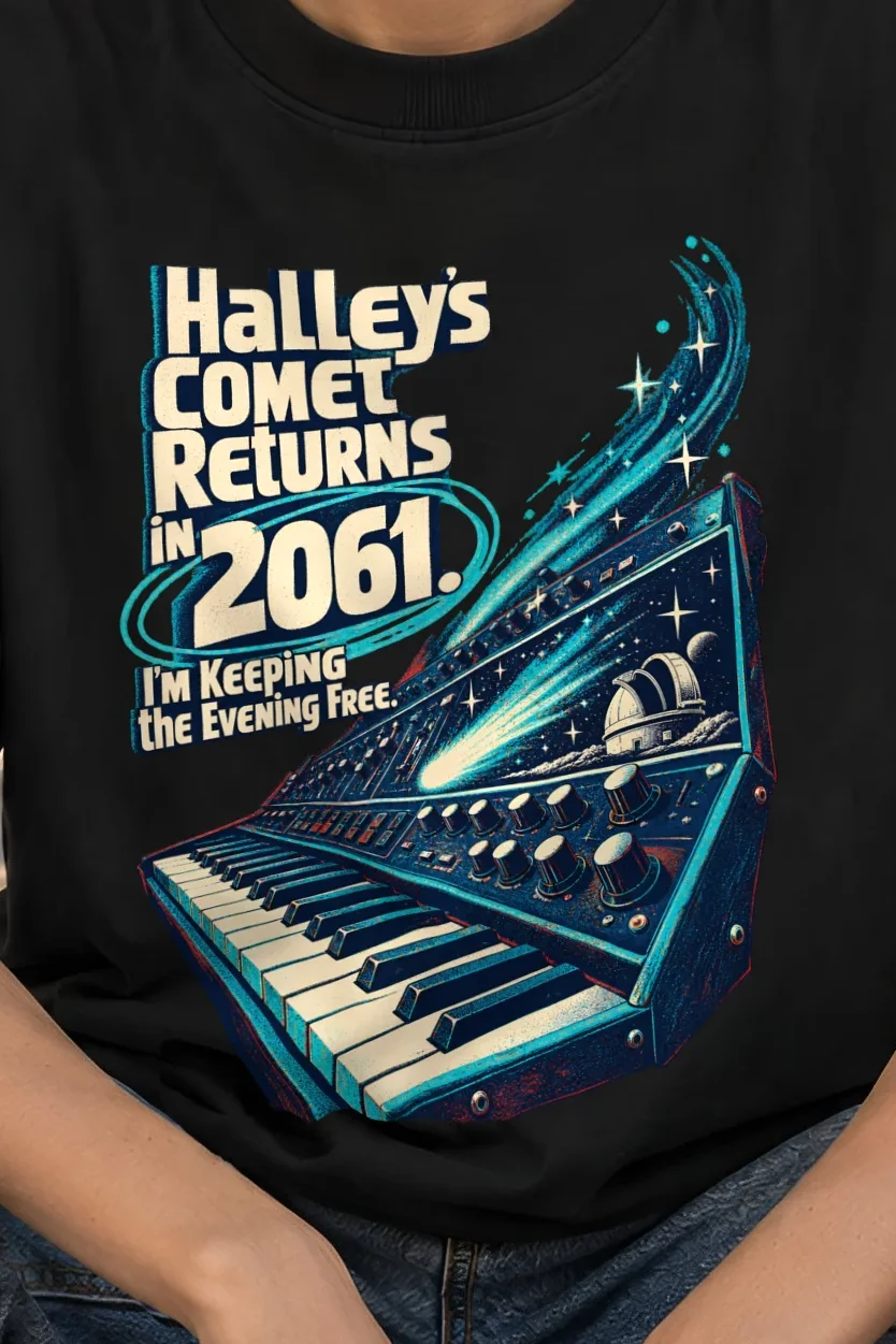 "Halley’s Comet Returns 2061" Unisex Oversized Heavyweight Crewneck T-Shirt - the graphic up close