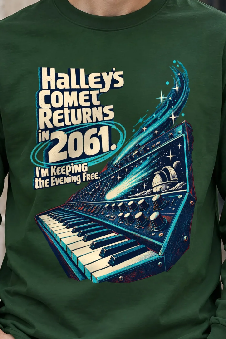 "Halley’s Comet Returns in 2061" Unisex Longsleeve T-shirt - the graphic up close
