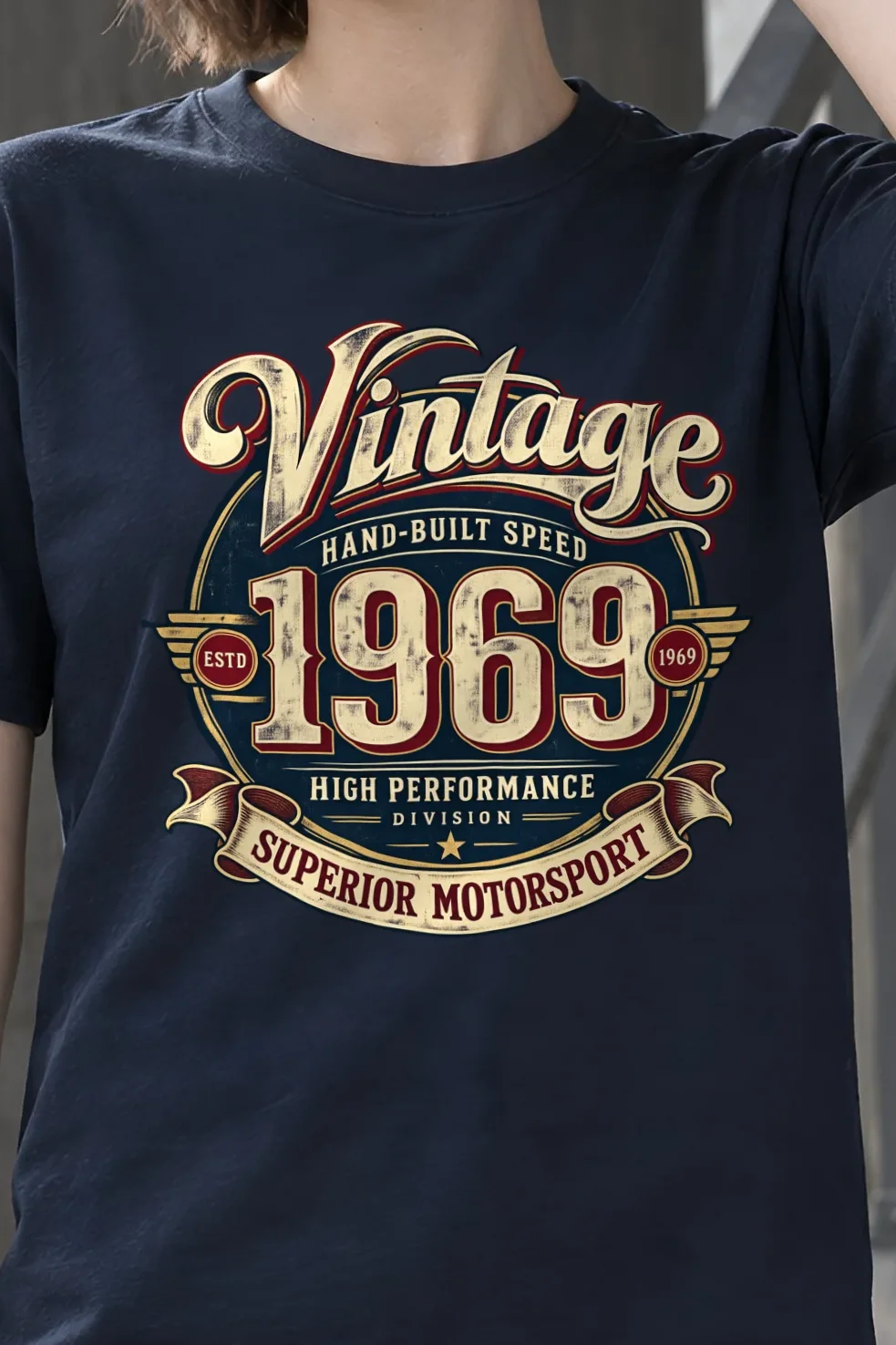 "Hand-Built Speed 1969" Heavyweight Unisex Crewneck T-shirt - the graphic up close