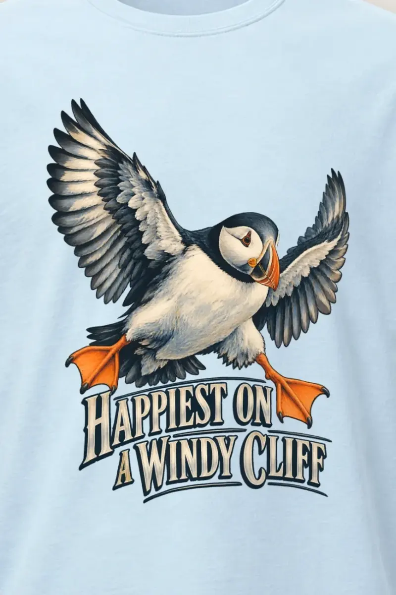 "Happiest on a Windy Cliff" Heavyweight Unisex Crewneck T-shirt - the graphic up close