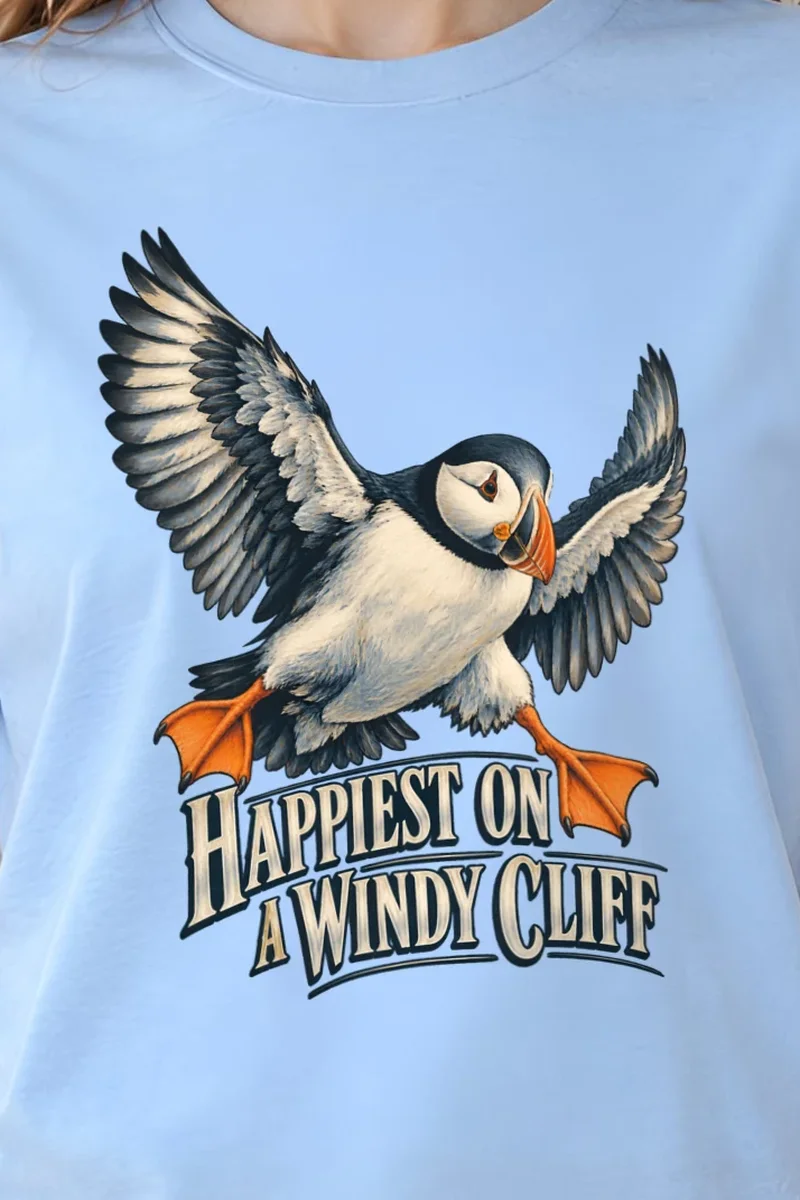 "Happiest on a Windy Cliff" Heavyweight Unisex Crewneck T-shirt - the graphic up close