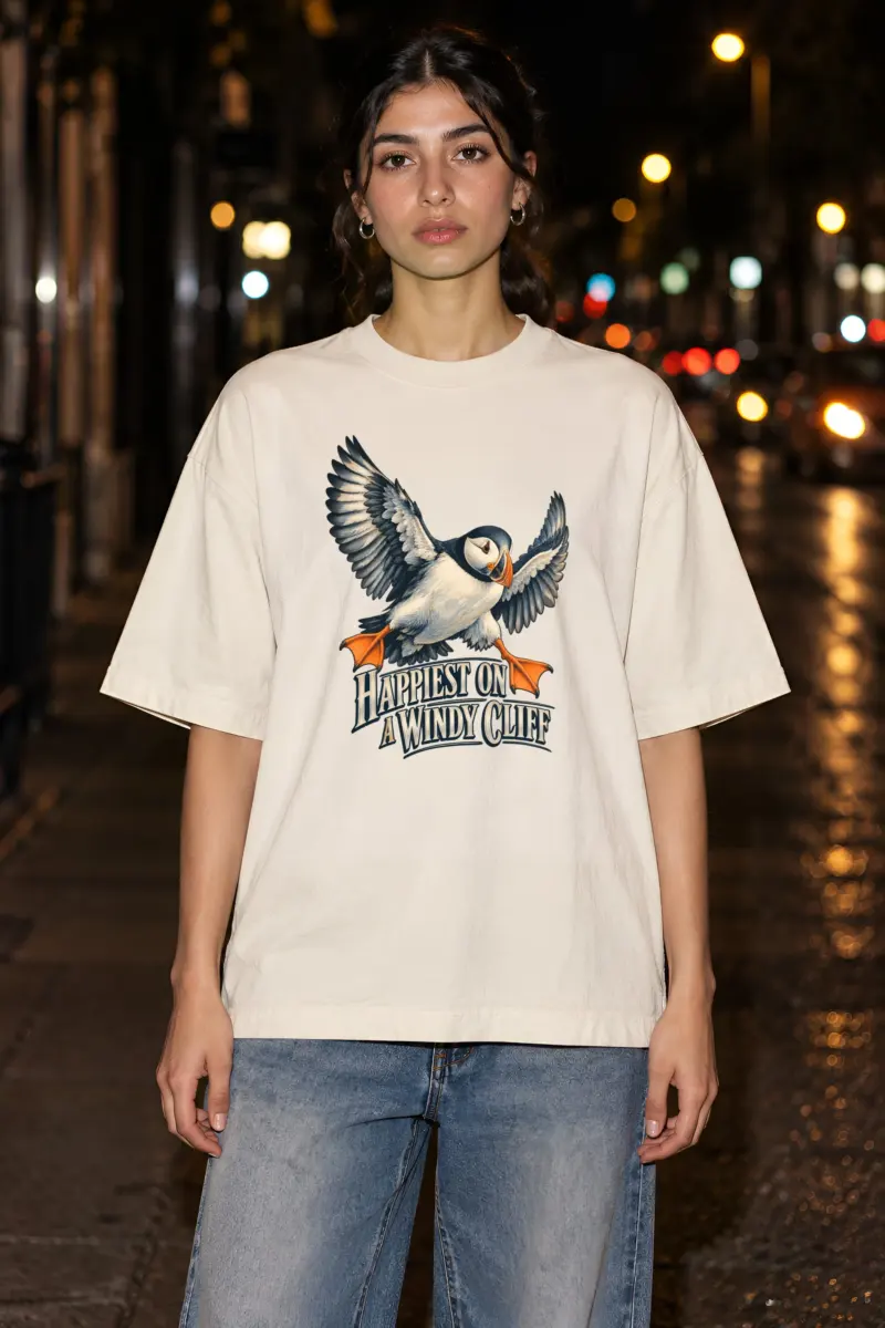 "Happiest on a Windy Cliff" Unisex Oversized Heavyweight Crewneck T-Shirt