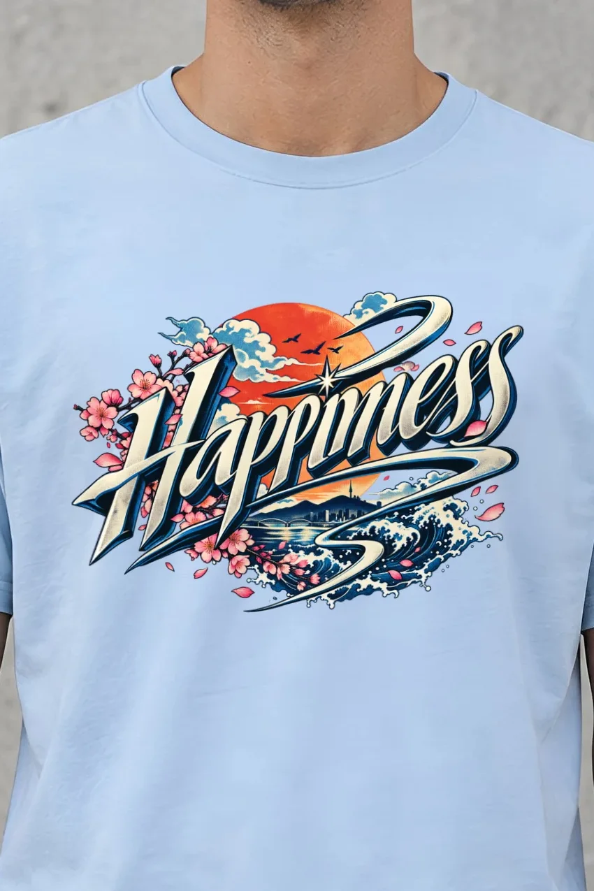 "Ribbon Script Happiness" Heavyweight Unisex Crewneck T-shirt - the graphic up close
