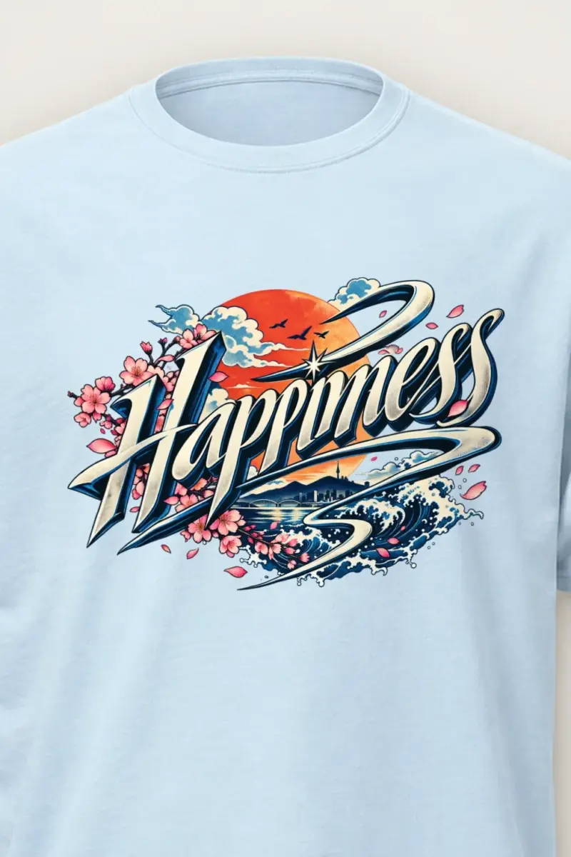 "Ribbon Script Happiness" Heavyweight Unisex Crewneck T-shirt - the graphic up close