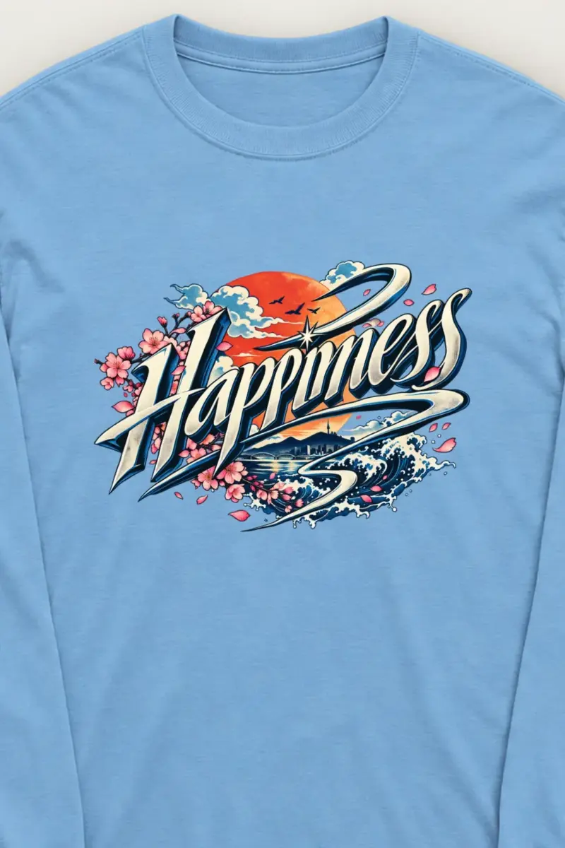 "Sunset Happiness Script" Unisex Longsleeve T-shirt - the graphic up close