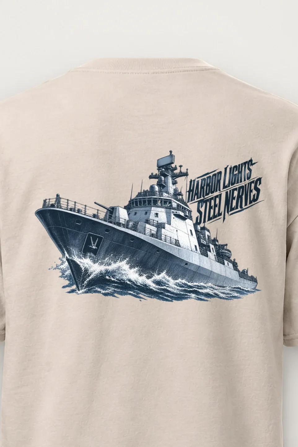 "Harbor Lights, Steel Nerves" Heavyweight Unisex Crewneck T-shirt - the graphic up close