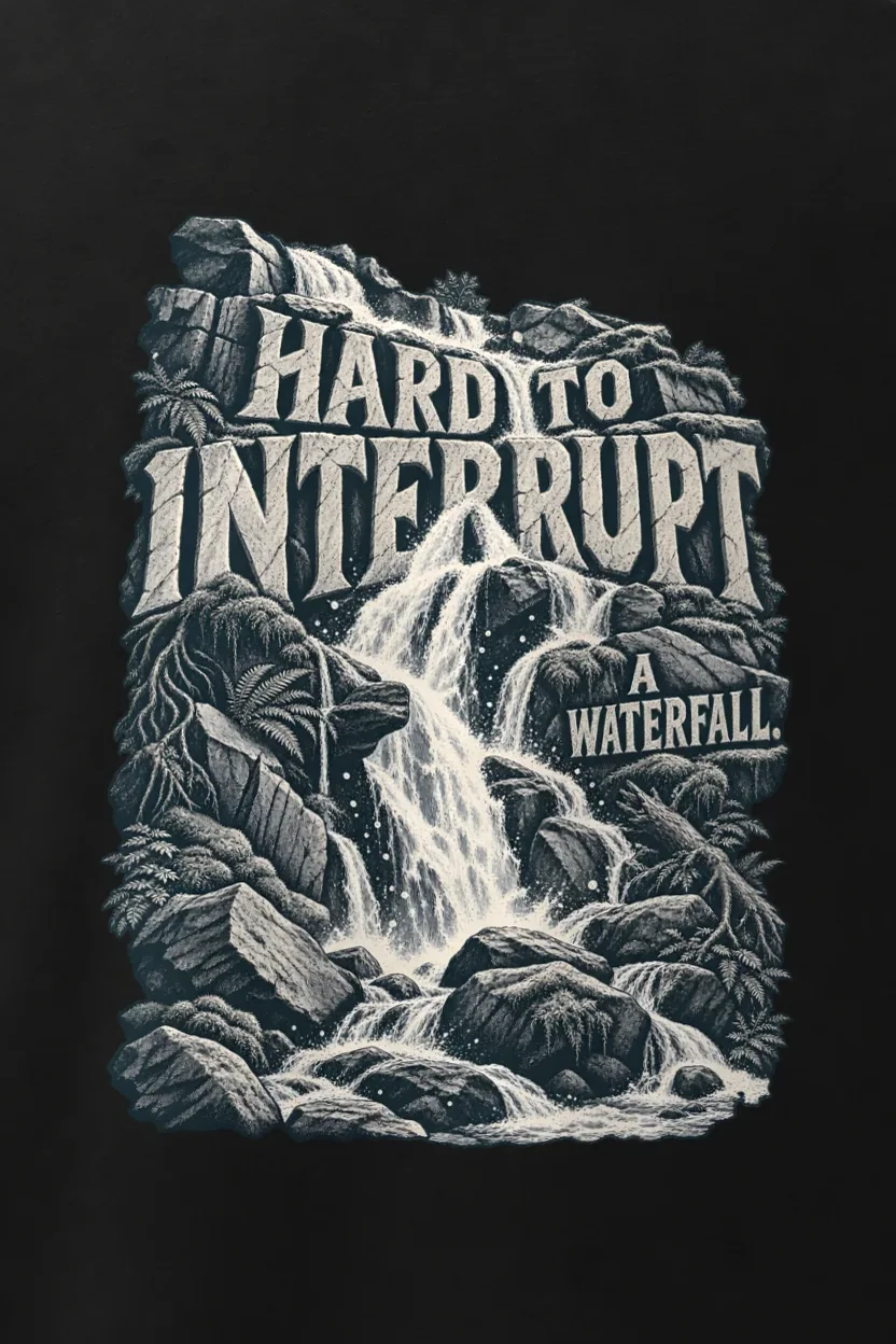 "Hard to Interrupt a Waterfall" Men’s Oversized Heavyweight Crewneck T-Shirt - the graphic up close