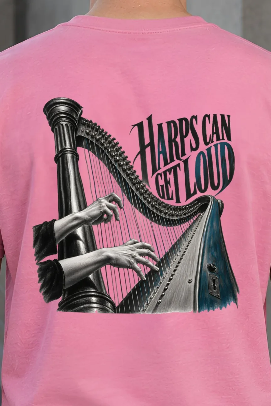 "Harps Can Get Loud" Heavyweight Unisex Crewneck T-shirt - the graphic up close