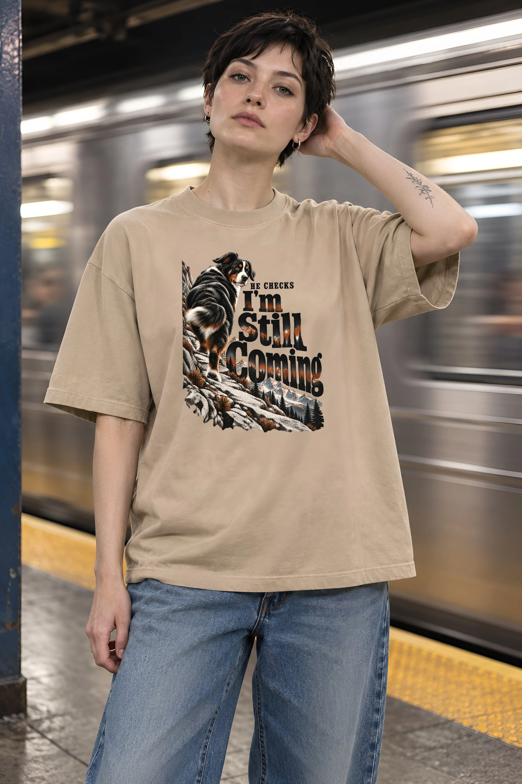 "He Checks I'm Still Coming" Unisex Oversized Heavyweight Crewneck T-Shirt