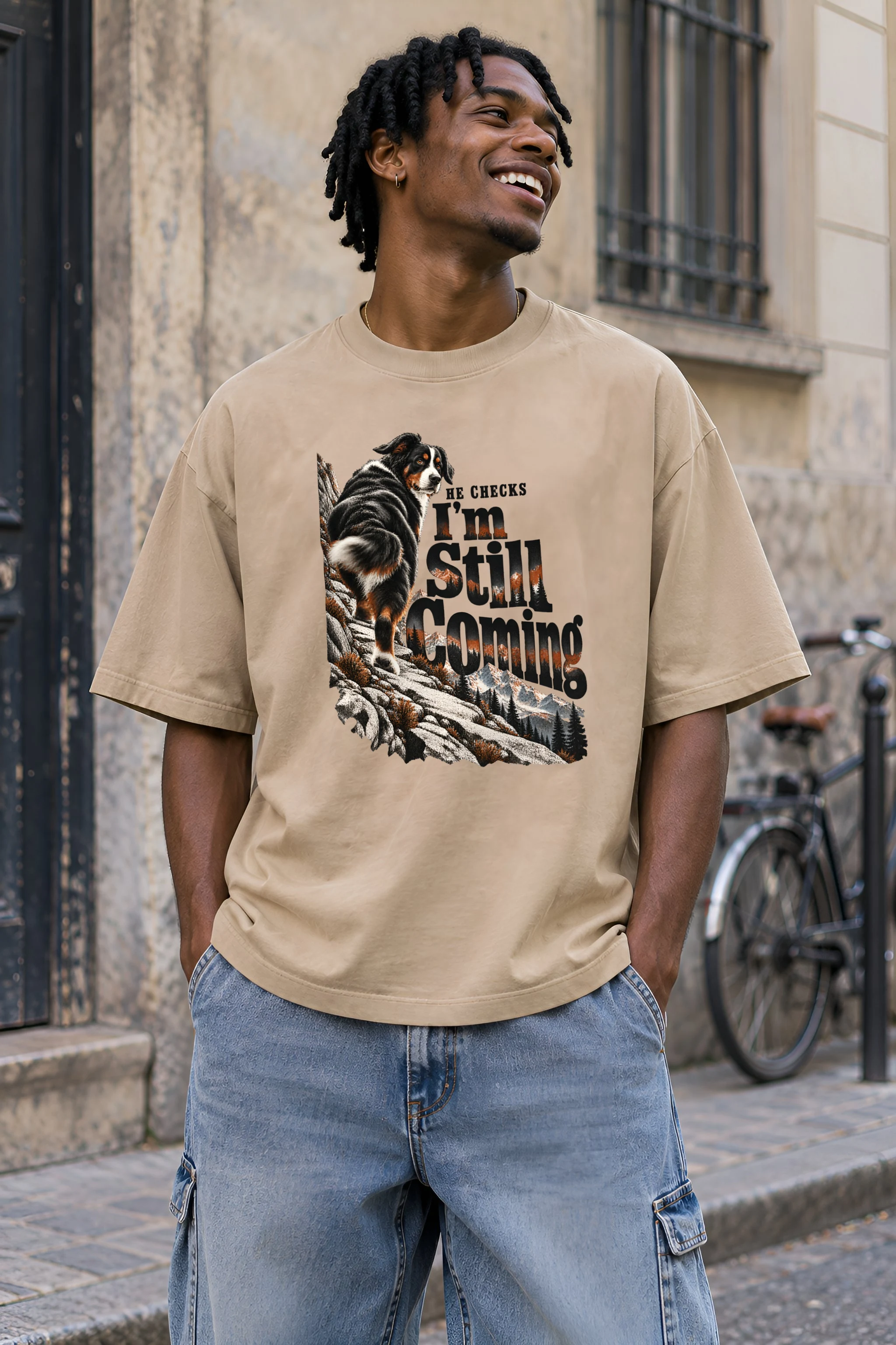 "He Checks I'm Still Coming" Unisex Oversized Heavyweight Crewneck T-Shirt