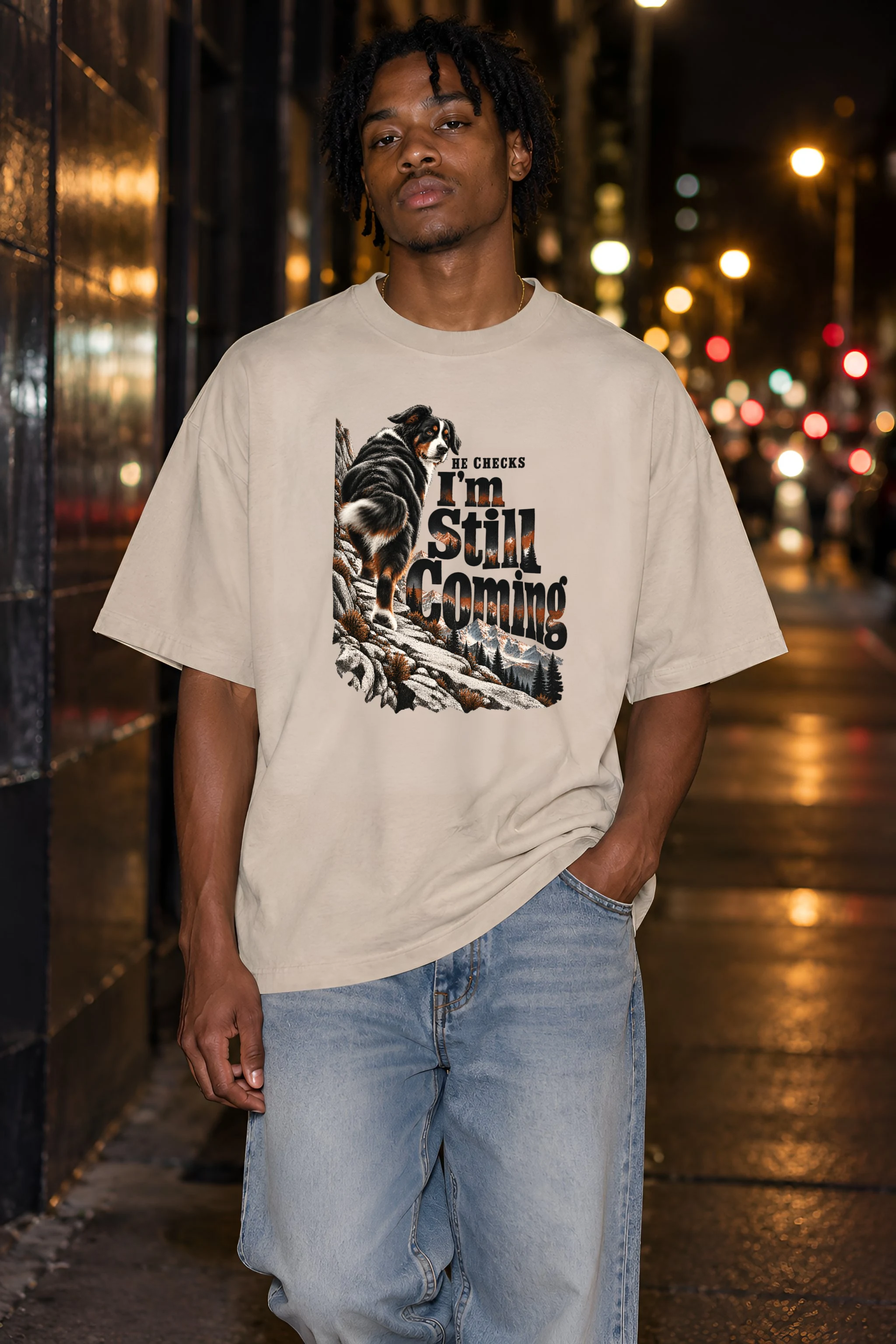 "He Checks I'm Still Coming" Unisex Oversized Heavyweight Crewneck T-Shirt