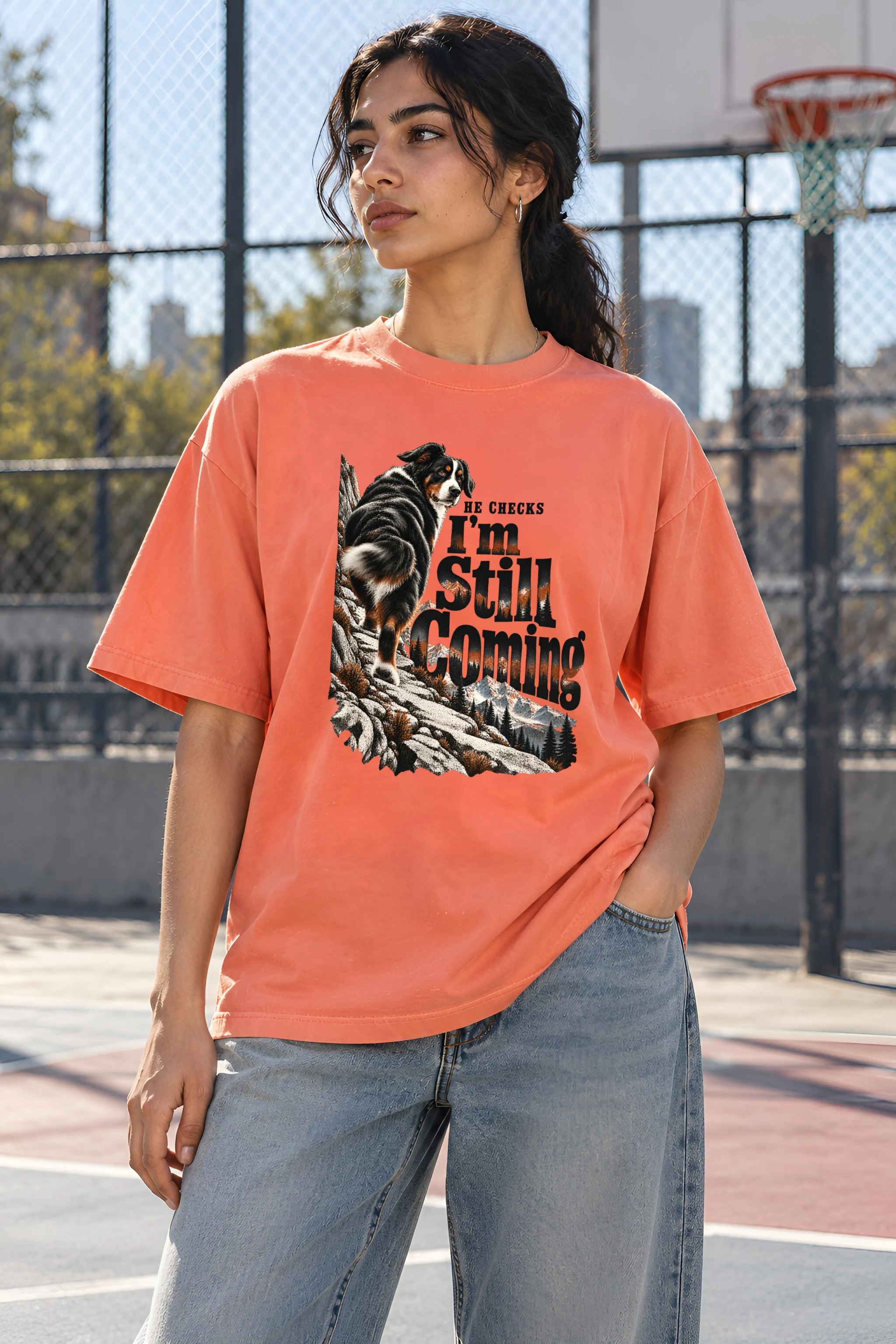 "He Checks I'm Still Coming" Unisex Oversized Heavyweight Crewneck T-Shirt