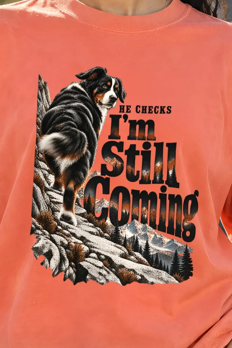 "He Checks I’m Still Coming" Unisex Oversized Heavyweight Crewneck T-Shirt - the graphic up close