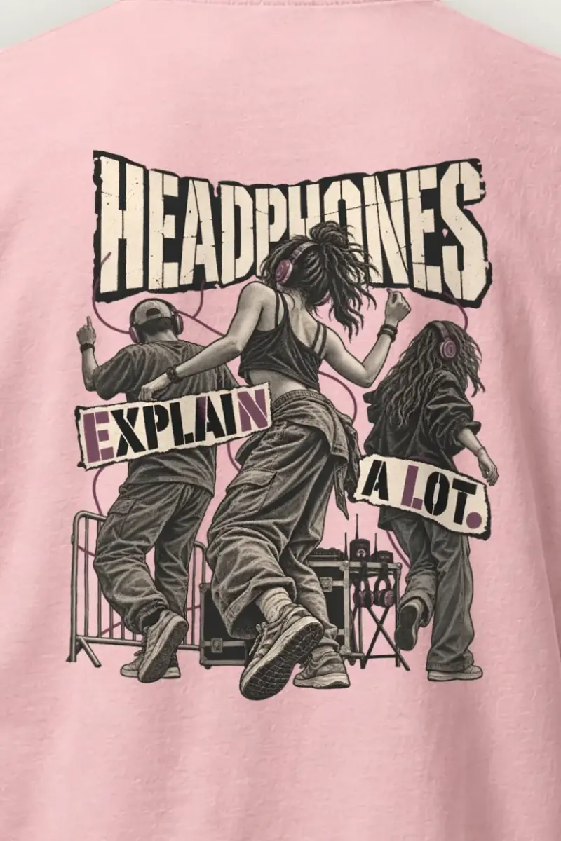 "Headphones Explain a Lot" Heavyweight Unisex Crewneck T-shirt - the graphic up close