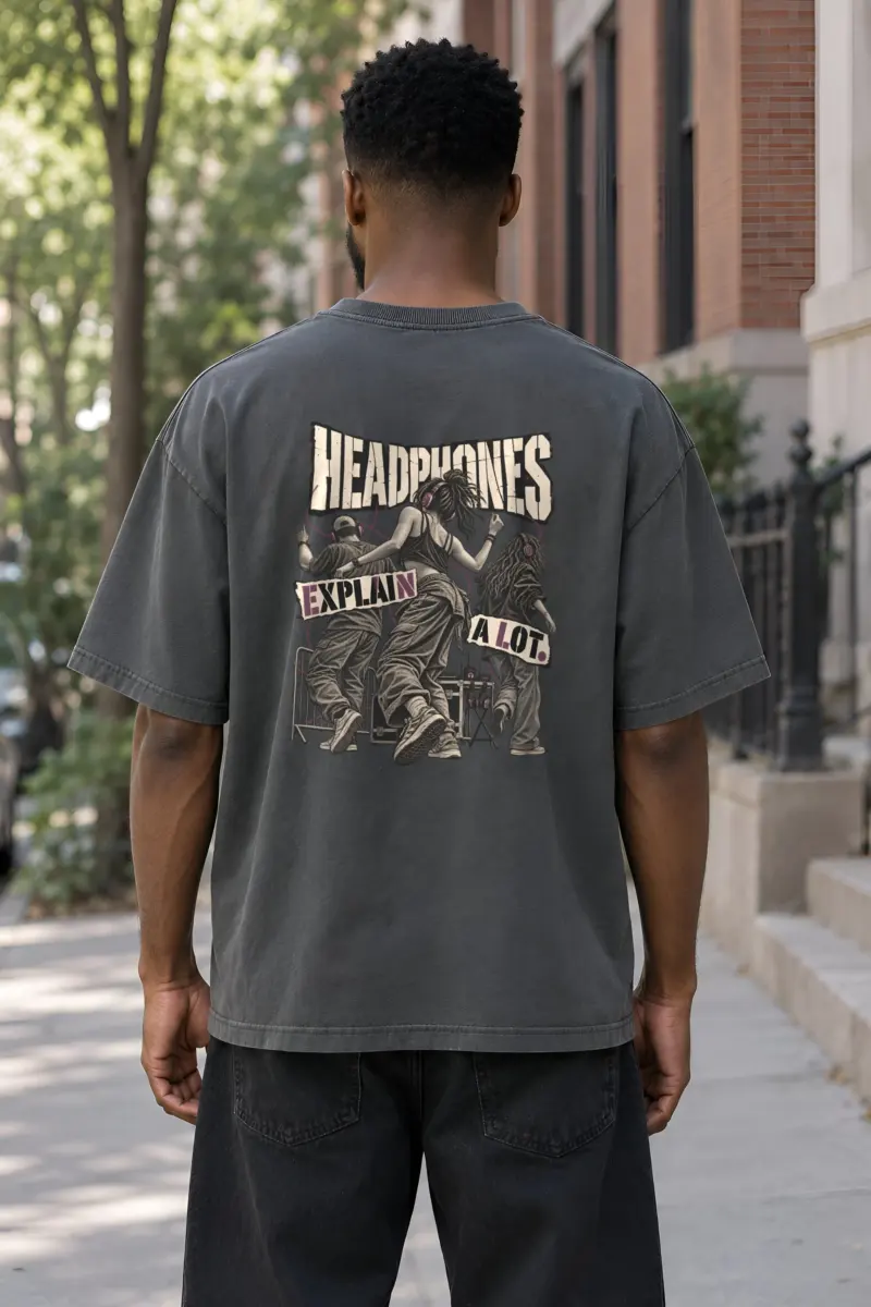 “Headphones Explain a Lot” Men’s Oversized Heavyweight Crewneck T-Shirt