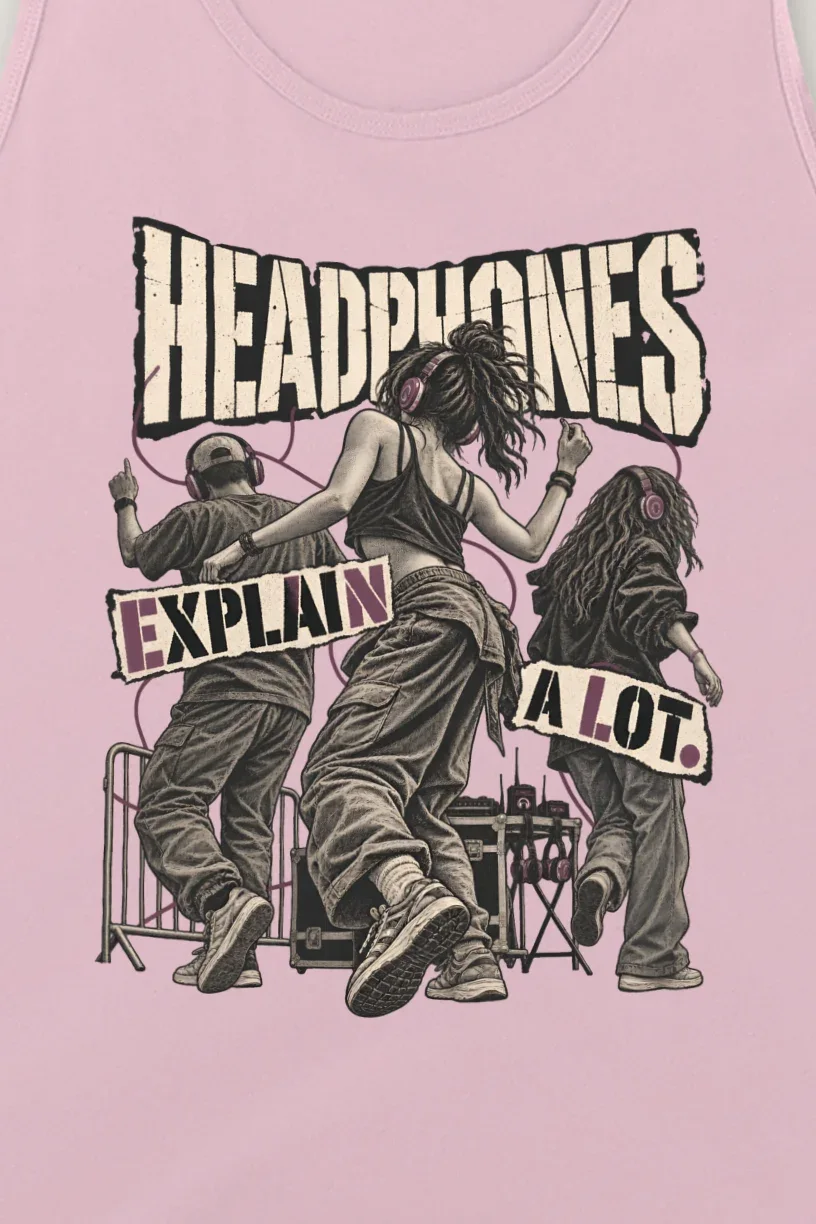 "Headphones Explain a Lot" Unisex Jersey Tank - the graphic up close