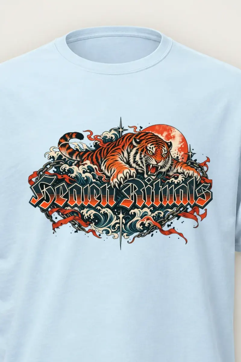 "Tiger Sun Wave Crew" Heavyweight Unisex Crewneck T-shirt - the graphic up close