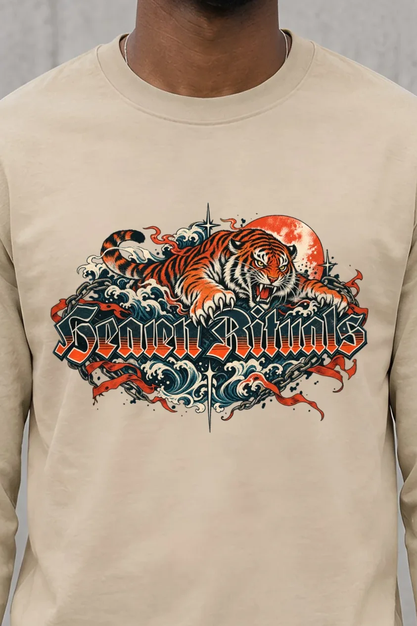 "Snarling Tiger with Gothic Script" Unisex Longsleeve T-shirt - the graphic up close