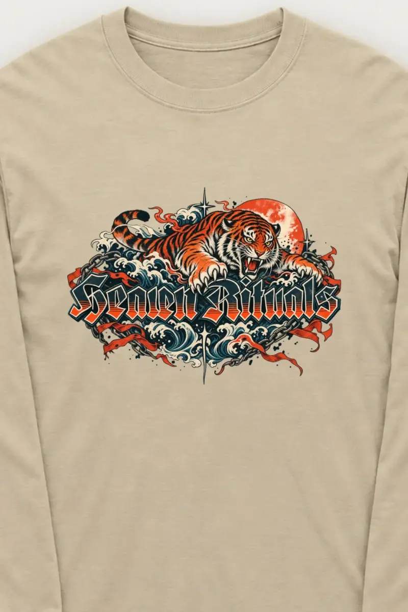 "Snarling Tiger with Gothic Script" Unisex Longsleeve T-shirt - the graphic up close