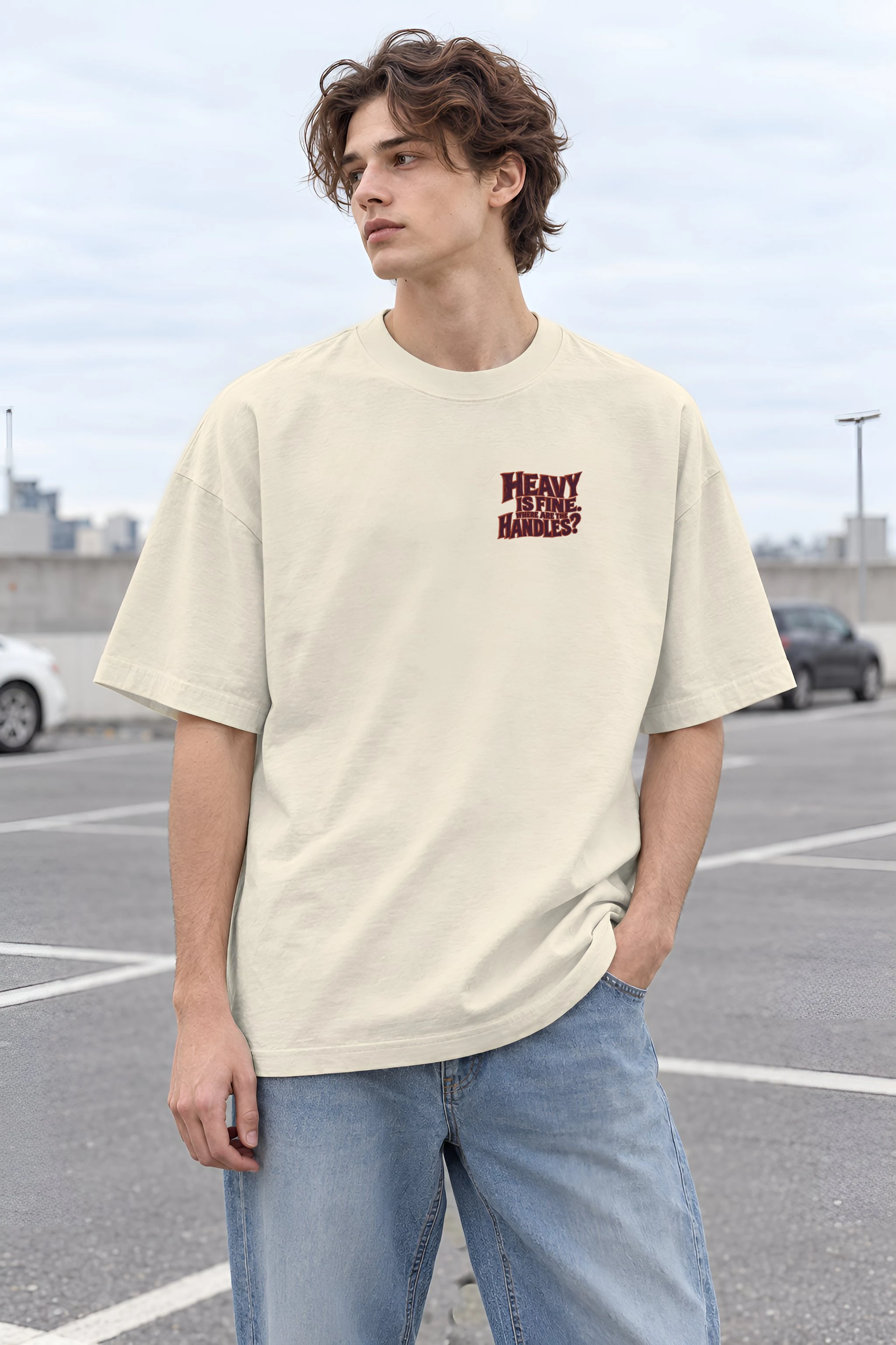"Heavy Is Fine, Where Are the Handles?" Men's Oversized Heavyweight Crewneck T-Shirt