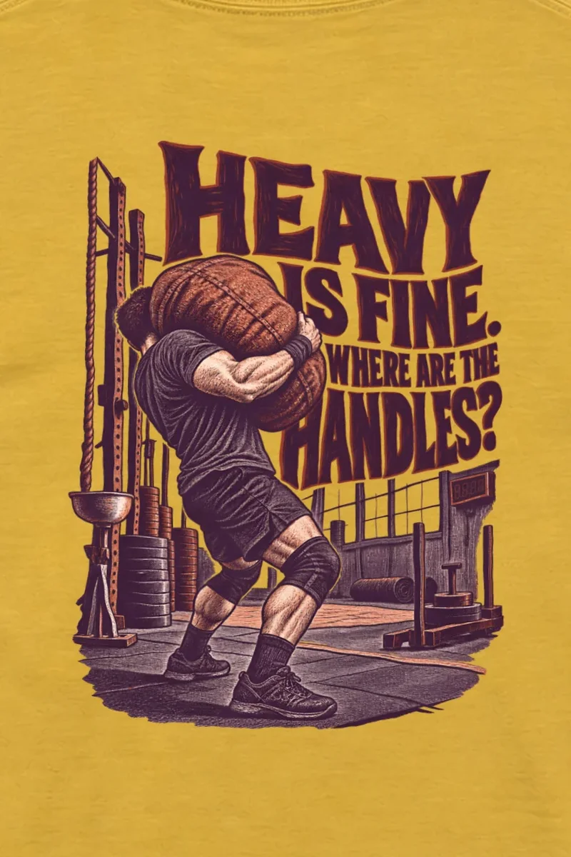"Heavy Is Fine. Where Are the Handles?" Unisex Longsleeve T-shirt - the graphic up close