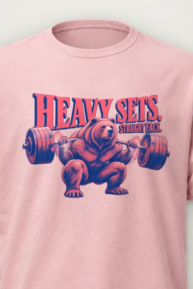 "Heavy Sets, Straight Face" Heavyweight Unisex Crewneck T-shirt - the graphic up close