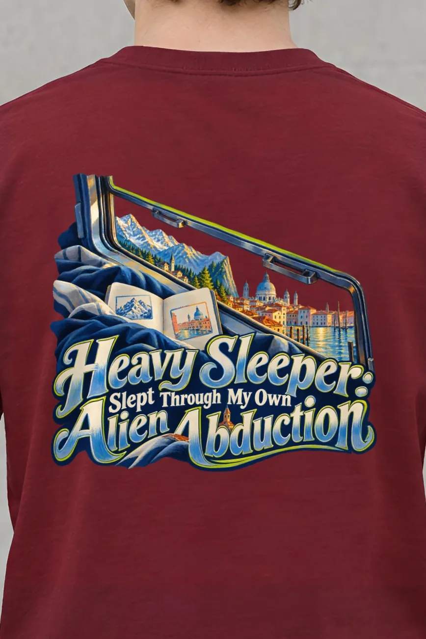"Heavy Sleeper Alien Abduction" Heavyweight Unisex Crewneck T-shirt - the graphic up close