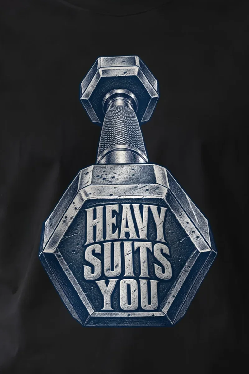 "Heavy Suits You" Heavyweight Unisex Crewneck T-shirt - the graphic up close