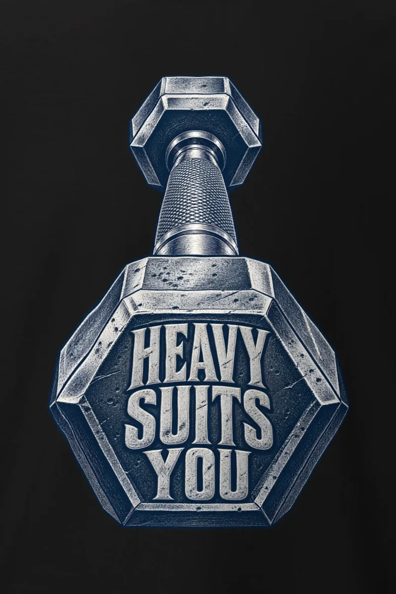 "Heavy Suits You" Heavyweight Unisex Crewneck T-shirt - the graphic up close