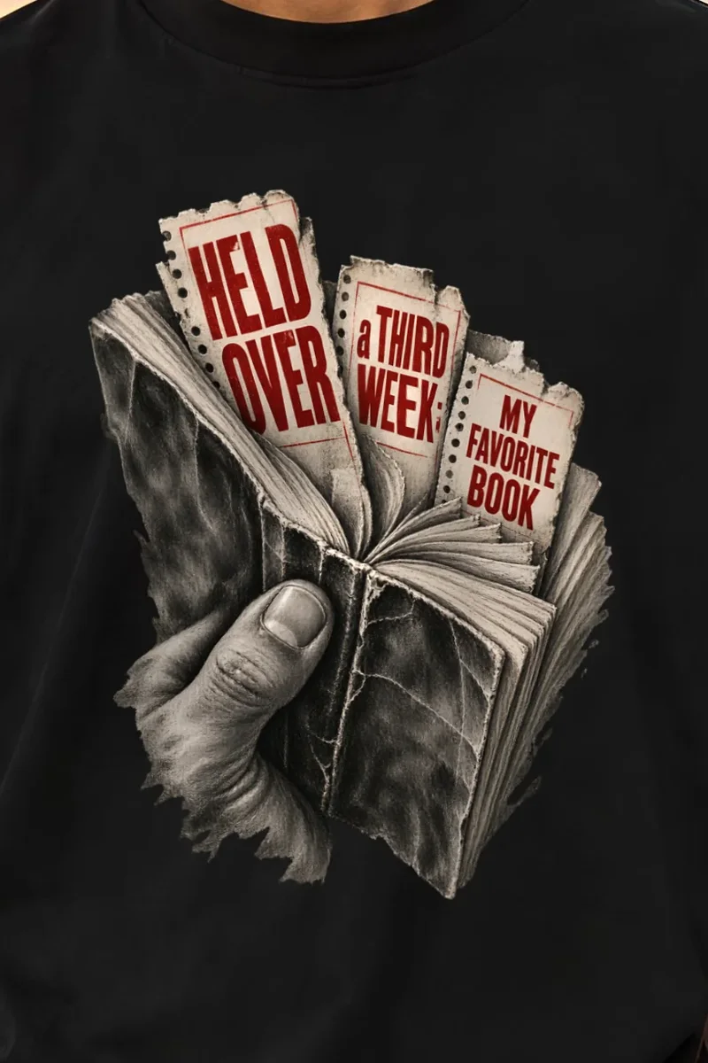 "Held Over a Third Week" Unisex Oversized Heavyweight Crewneck T-Shirt - the graphic up close