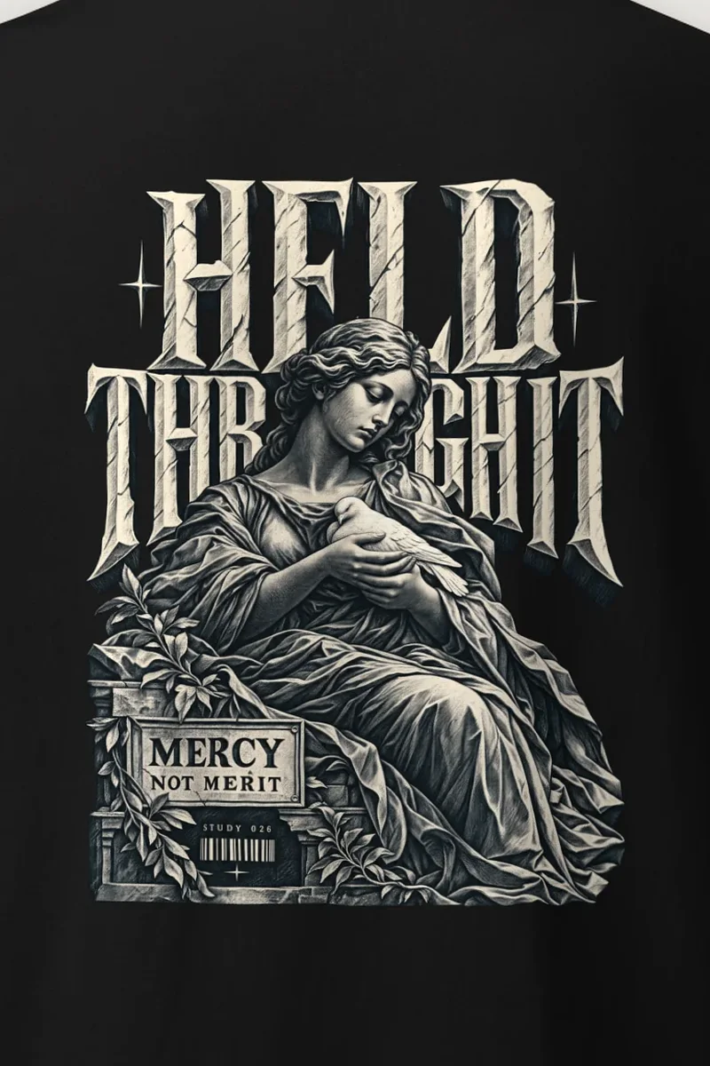 "Held Through It Mercy Not Merit" Heavyweight Unisex Crewneck T-shirt - the graphic up close