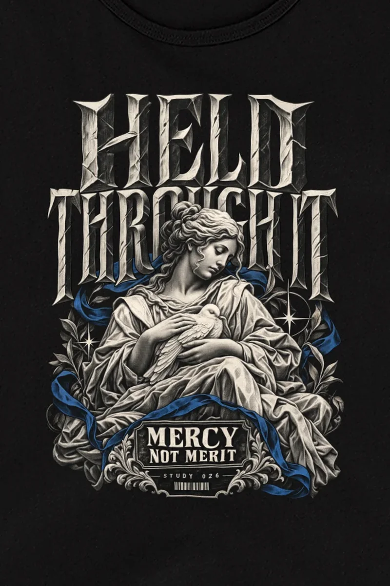 "Held Through Mercy Not Merit" Unisex Jersey Tank - the graphic up close