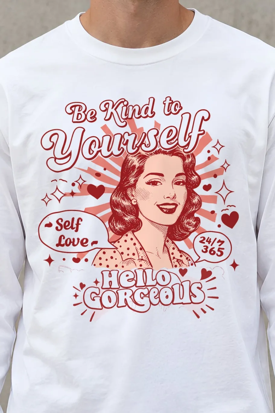 "Hello Gorgeous" Unisex Longsleeve T-shirt - the graphic up close