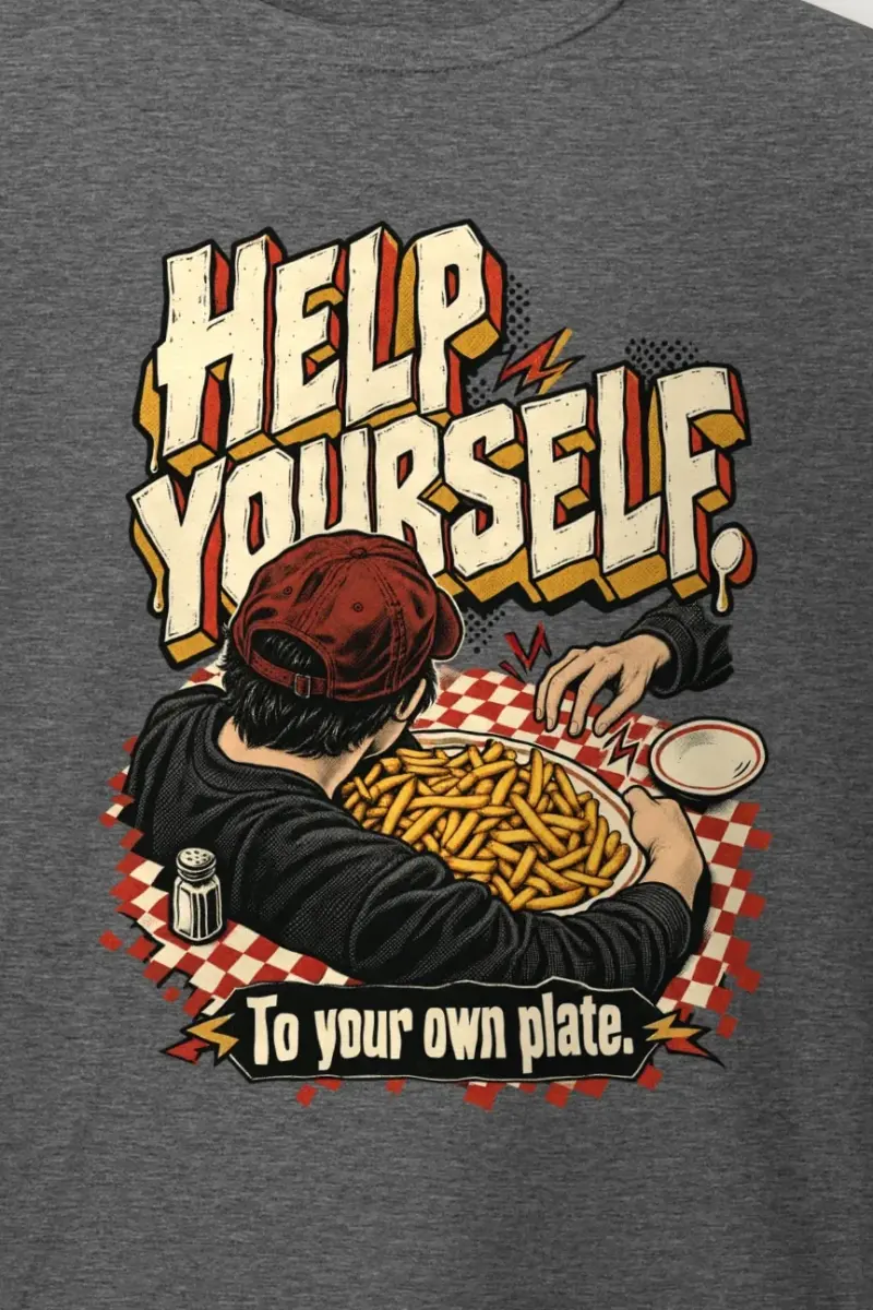 "Help Yourself To Your Own Plate" Heavyweight Unisex Crewneck T-shirt - the graphic up close